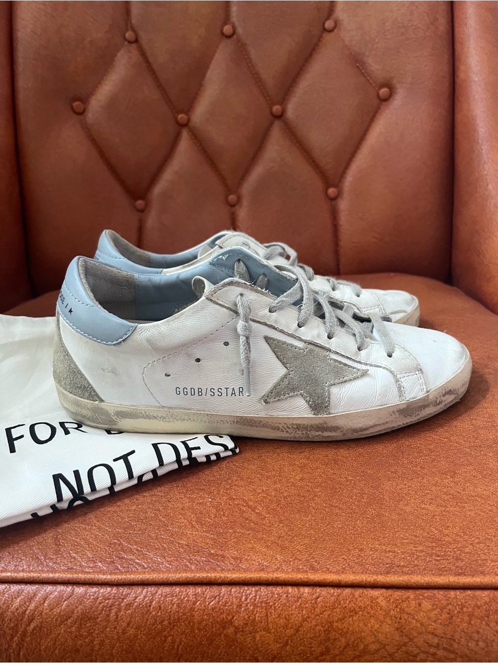 Golden Goose Women's GGDB/SSTAR sneaker with Light Blue Heel and Gray Star